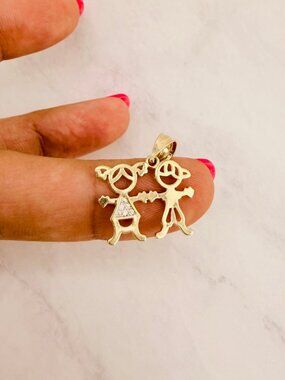 Real 10K Gold Pendant – 2 kids Holding Hands brother boy and sister girl